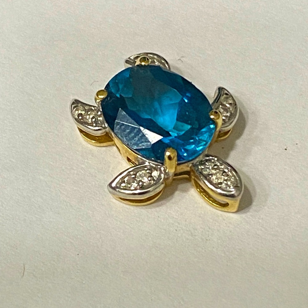 14 Kt yellow and white gold London blue topaz turtle